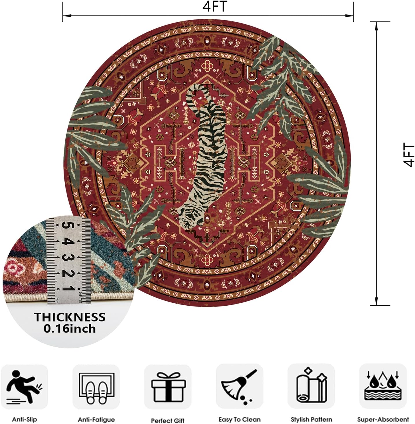 Tribal Rugs Summer Tropical 4ft Round Area Rugs Wine Red Traditional Boho Vintage Oriental Rug for Bedroom Kitchen Dining Living Room Indoor Entryway Washable Hippie Circle Carpet