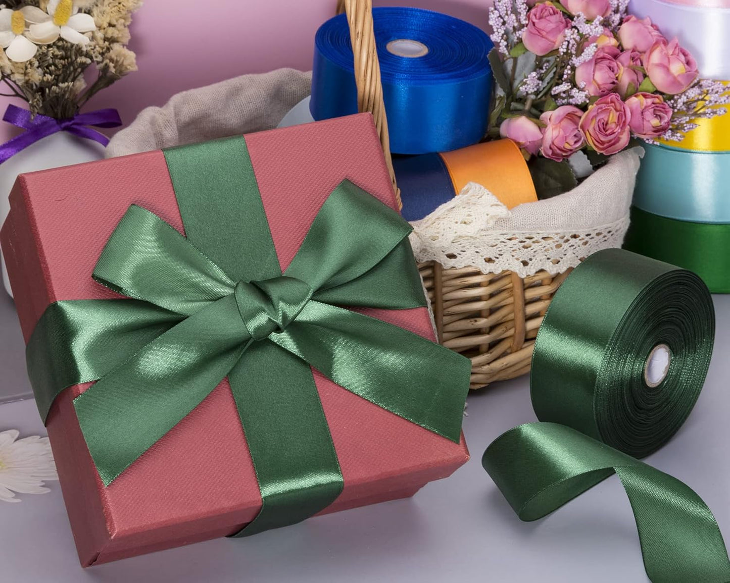 1 1/2 Inch Dark Green Solid Satin Ribbon, 50 Yards Craft Fabric Ribbon for Gift Wrapping Floral Bouquets Wedding Party Decoration