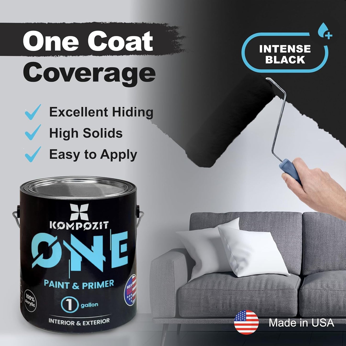Kompozit ONE Ultra Cover Interior/Exterior/Chalkboard Black 100% Acrylic Paint & Primer 1 Gallon, Flat. High Durability and Scratch-Resistant Paint. Made in USA. Low VOC.
