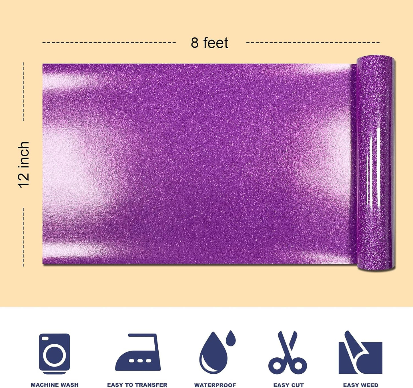 Dark Purple Glitter HTV Heat Transfer Vinyl, 12" x 8ft lron on Vinyl, for T-Shirt Ironing, Vinyl HTV Easy to Cut and Weed, The Best Choice for DIY Creativity. (Dark Purple, 12" x 8ft)