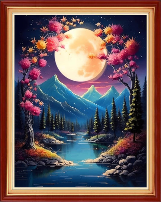DMCVIVR Stamped Cross Stitch Kits for Adults Beginners Embroidery Kits 11CT Needlepoint Kits Cross Stitch Patterns Embroidery Patterns-Night Moon Scenery 16x20 inch