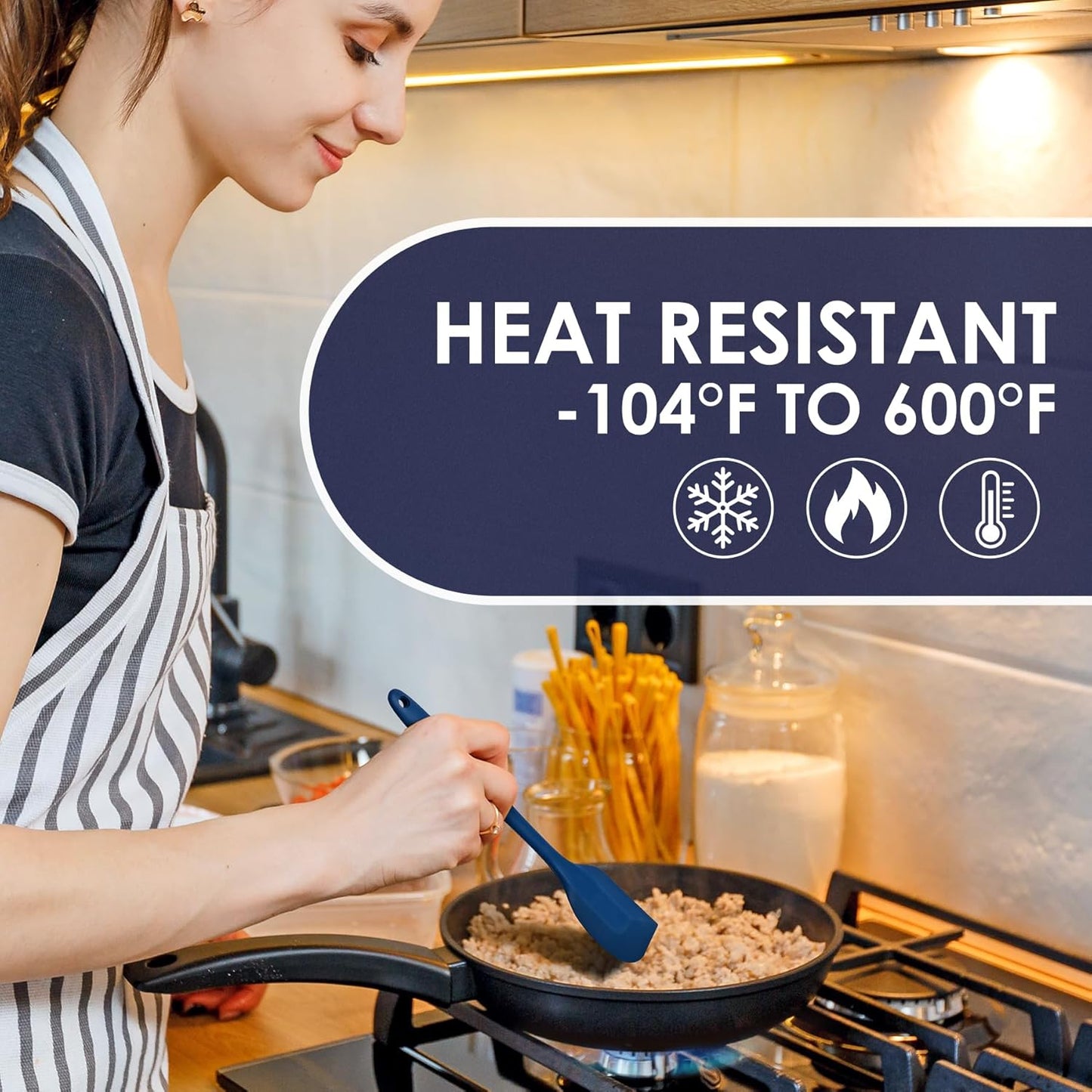 Heat Resistant 600℉ Silicone Spatula, Turner Mixing Spatulas set BPA Free Dishwasher Safe for Nonstick Cookware, Classic Blue