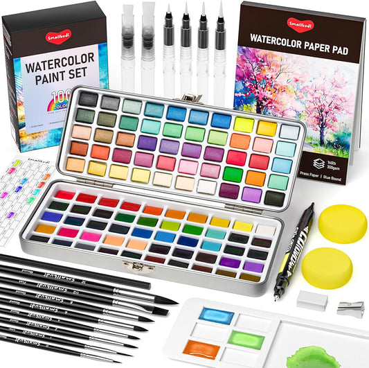 Watercolor Paint Set 100 Colors Including Metallic, Watercolor Kit with Case, Watercolor Paper, Paint Brushes, Palette and Accessories, Water Color Art Supplies Gift for Adults Kids Artists