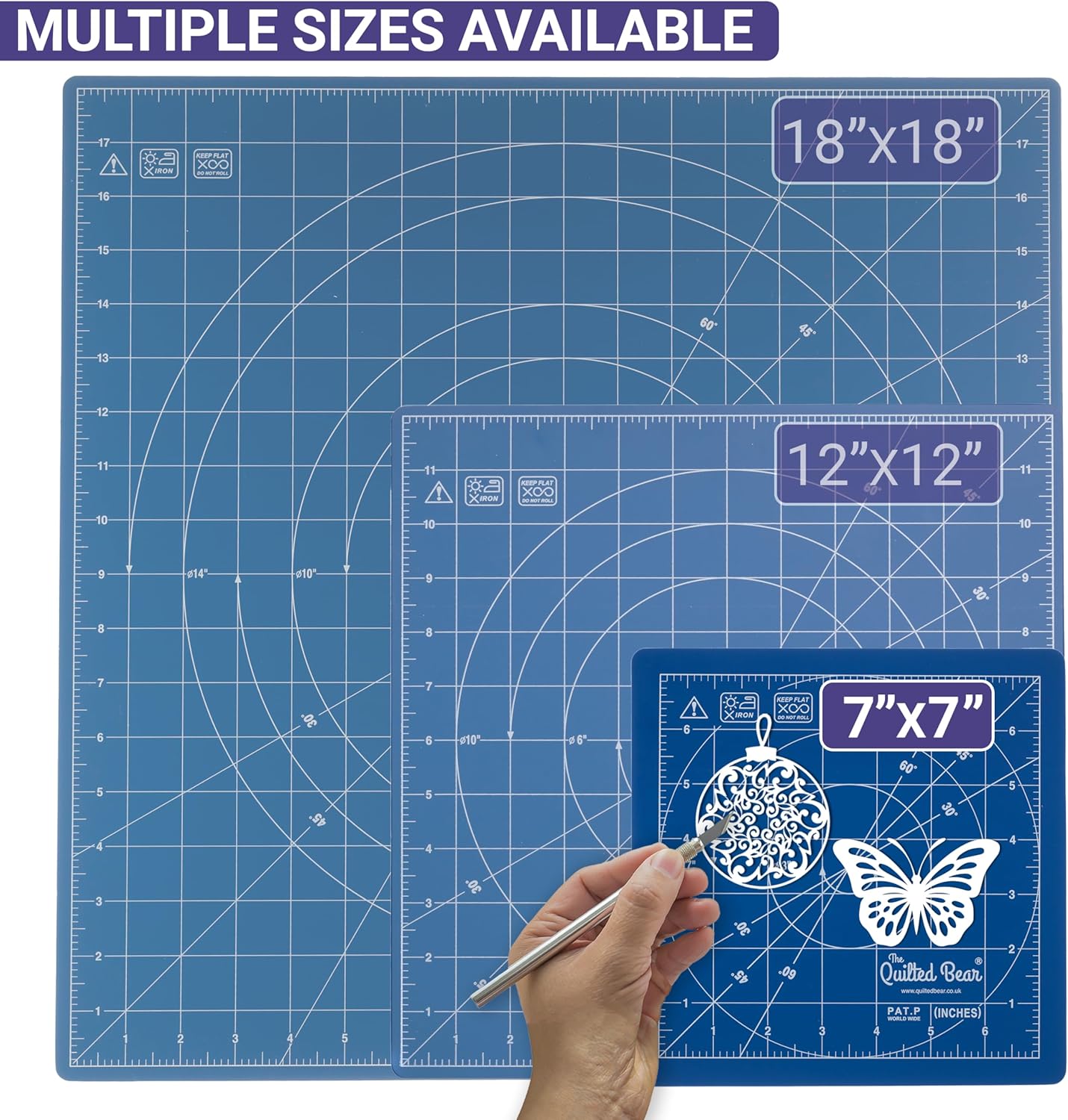The Quilted Bear Rotating Cutting Mat 7" x 7" - Locking & Rotating Self Healing Cutting Board for Sewing, Fabric & Effortless Quilting - 360 Degree Sewing Supplies Mat for Craft Table (Blue)