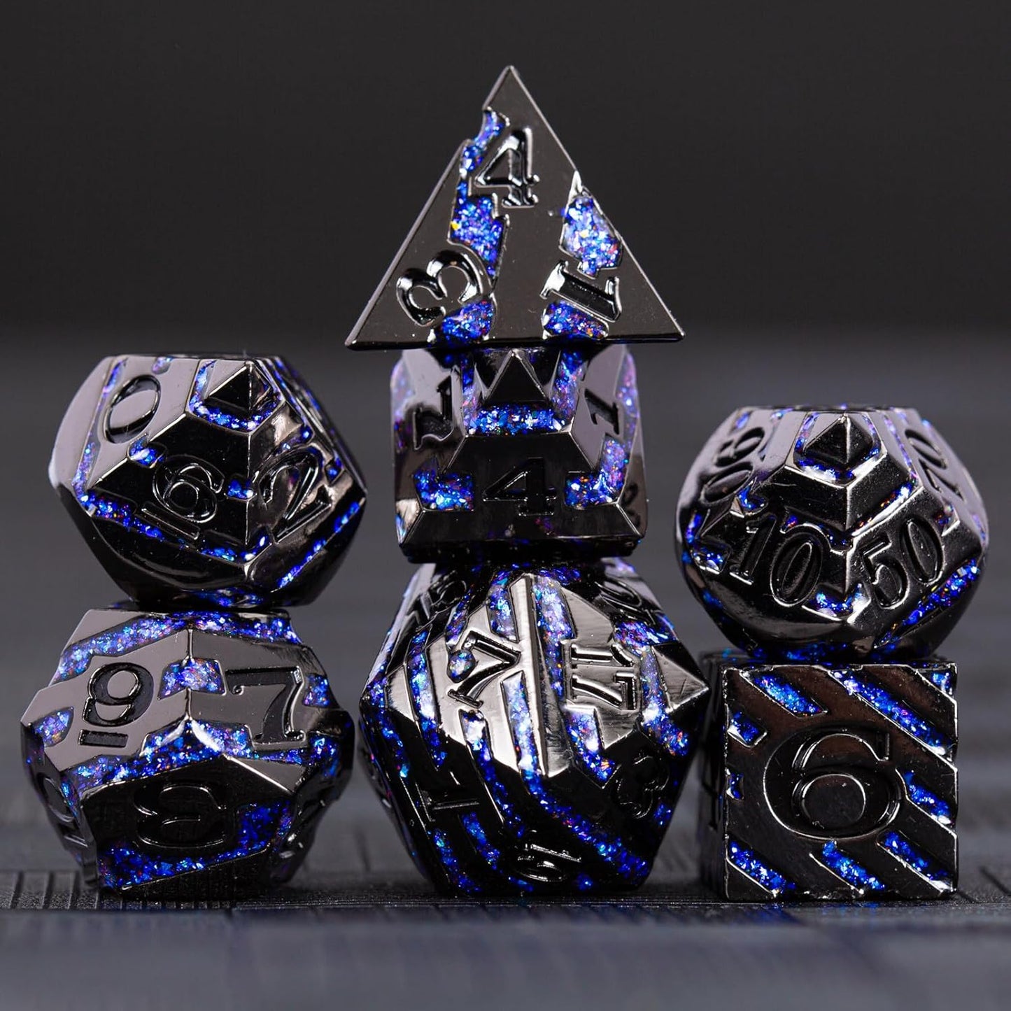 Metallic Glitter Stripes D&D Dice Set,7 PCS Polyhedral Dice with Gift,RPG Metal Dice Set Dungeons and Dragons Tabletop Game (Black Nickel Sapphire Blue)