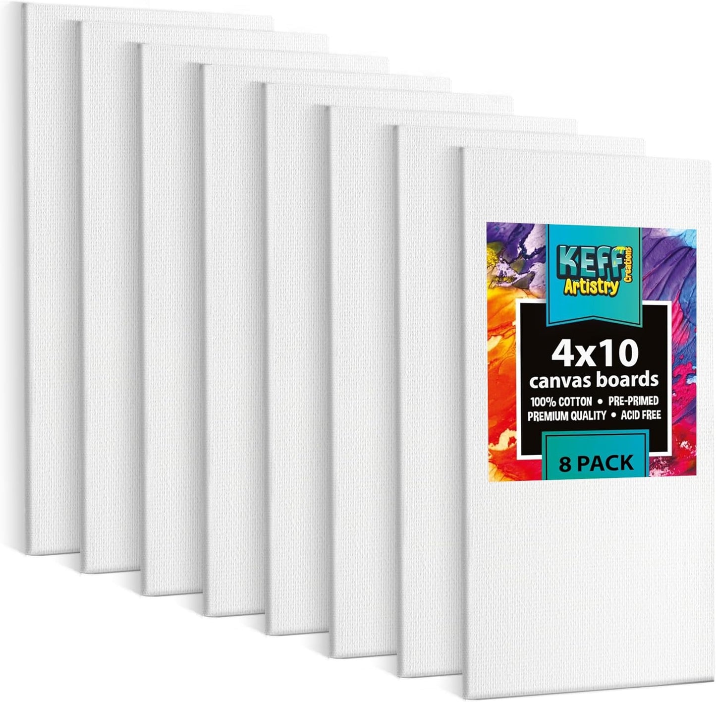 KEFF Canvas Boards for Painting - 4x10 8-Pack Bulk Canvas Panels, 100% Cotton Triple Primed Small Canvases for Painting Supplies, Acrylic, Oil, Watercolor & Tempera