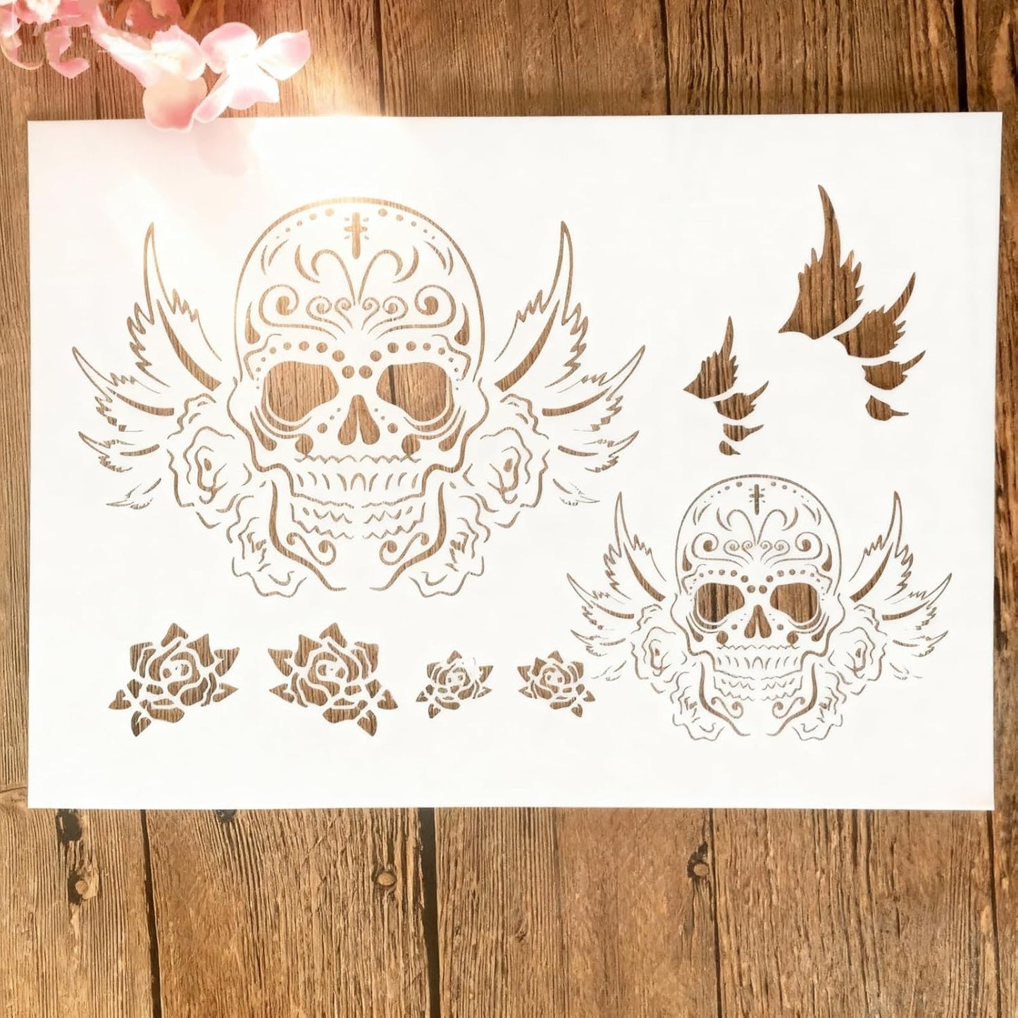 TIAMECH A4 Reusable Flying Skull Wings Stencil for Painting - Halloween Ghost Layering Template, DIY Wall Art, Wood Furniture, Scrapbook & Crafts (8.3x11.7inch)