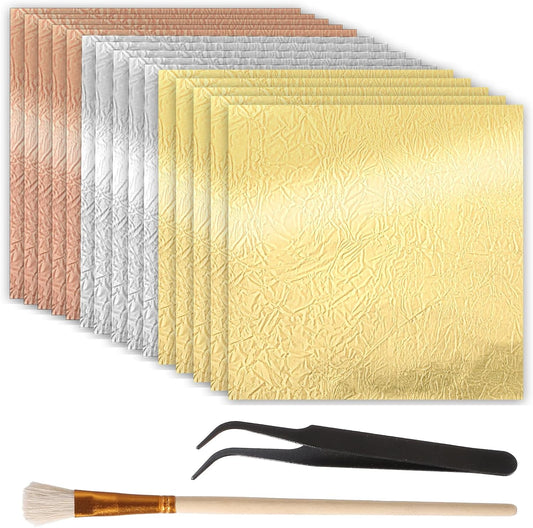 150 Pcs Gold Leaf Sheets for Art 3 Colors Gold Foil Sheets 5.5" X 5.5" Golden Flakes with Tweezer and Brush for Arts Gilding Crafting Painting Furniture Decoration Golden Silver Rosegold