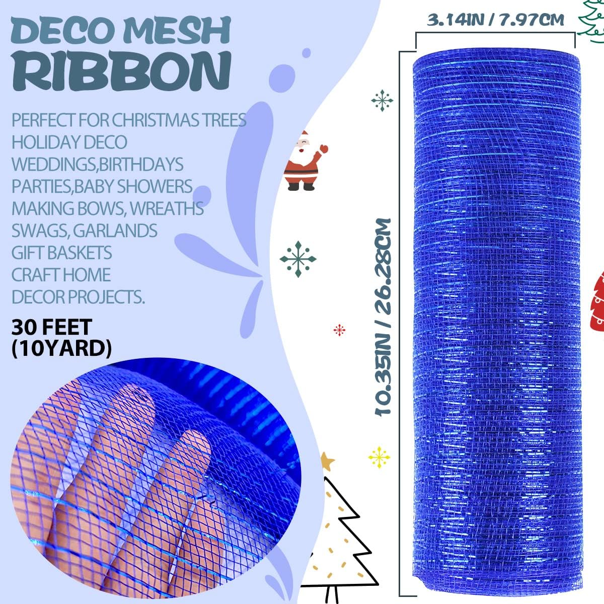 Anivia Deco Mesh Ribbon, 10inch x 30 Feet Each Roll Metallic Foil Mesh Ribbon for Wreaths Swags, Holloween, and Christmas Tree Decoration (Royal Blue/Royal Foil)