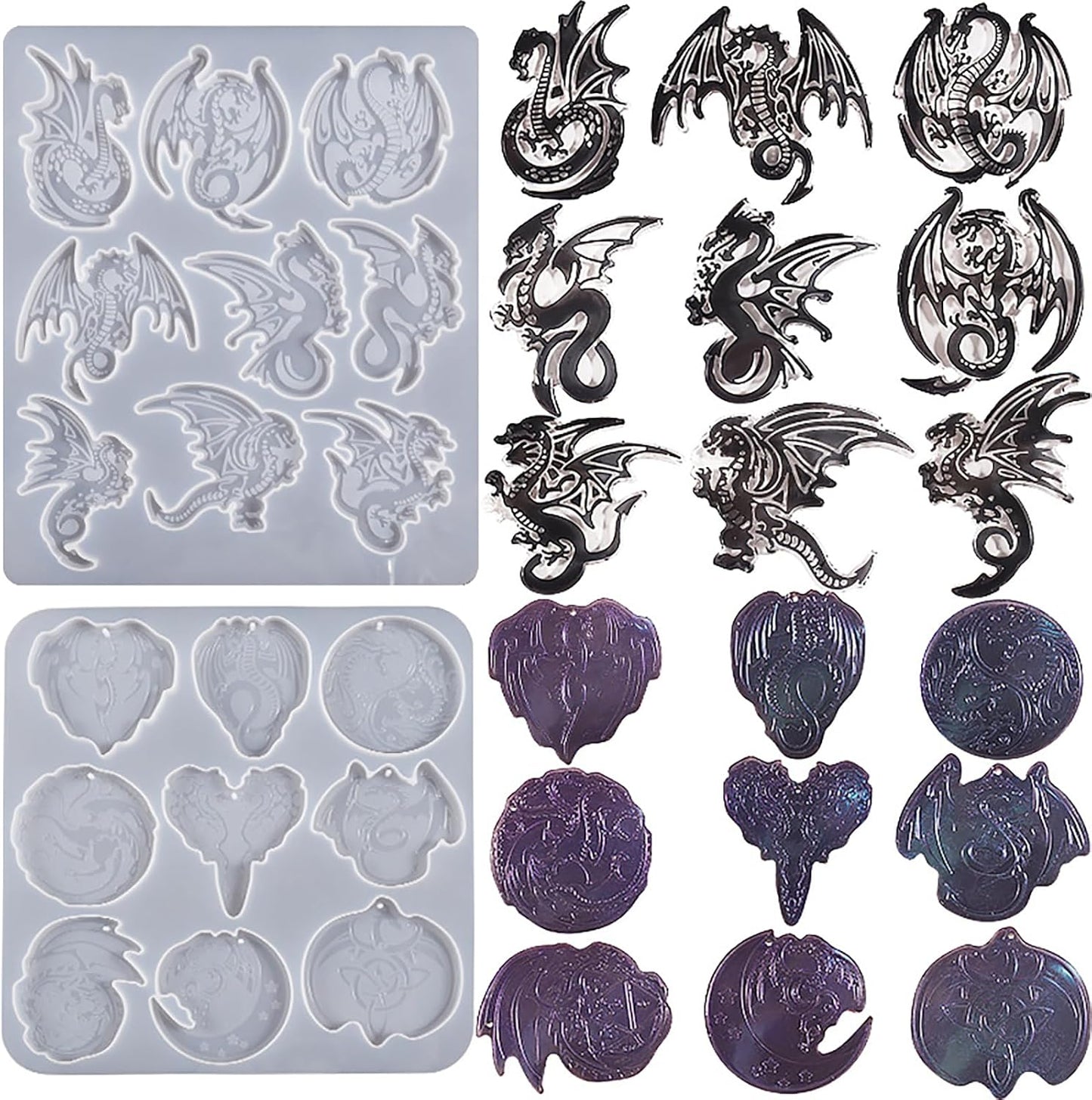 2 Pack Dragon Keychain Resin Mold - 9 Cavities Each - Multiple Style - Pendant - Resin Casting Silicone Molds for Home Decor & Candle Making Wave Spiral Mold
