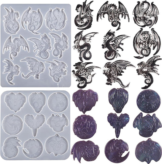 2 Pack Dragon Keychain Resin Mold - 9 Cavities Each - Multiple Style - Pendant - Resin Casting Silicone Molds for Home Decor & Candle Making Wave Spiral Mold