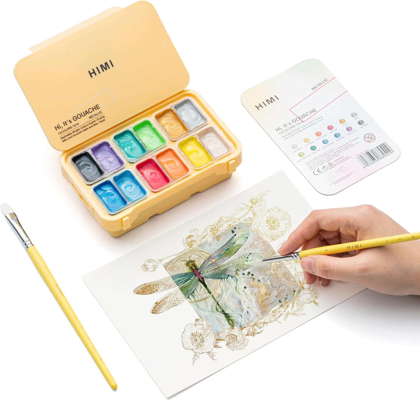 HIMI Metallic Jelly Gouache Paint Set, 12 Colors 12g, Jelly Cup Design, Travel carry, Gouache Paint Non Toxic for Canvas and Paper, Art Supplies for Professionals and Beginner