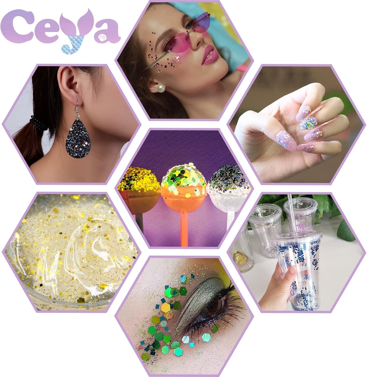 Ceya Holographic Chunky Glitter, 4.9oz/ 140g Diamond Silver Craft Glitter Powder Mixed Fine Flakes Iridescent Nail Sequins for Nail Art, Hair, Epoxy Resin, Tumblers, Slime, Painting, Festival Decor