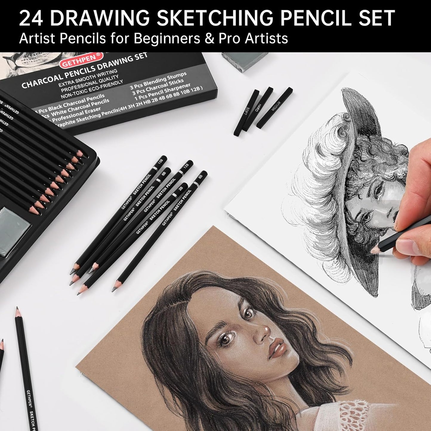 Drawing Sketching Pencil Set, 24 Piece Pro Artist Sketch Kit - Graphite Pencils (12B-4H),Charcoal Pencils for Drawing,Black and White Charcoal Pencils,Charcoal Sticks,Stumps,Eraser,Sharpeners