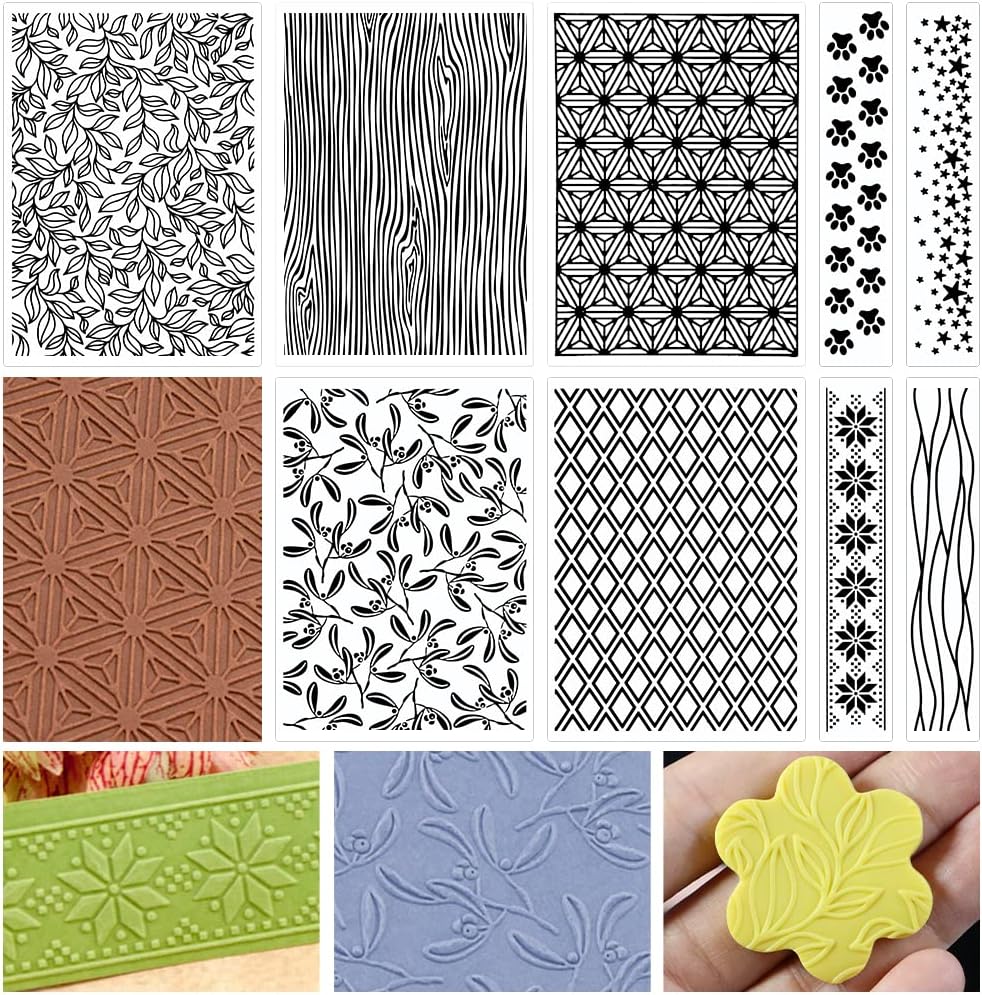 Embossing Folders Clay Stamps for Polymer Clay Earrings Making Embossing Tool Geometric Textured Flower Pottery Stamps Polymer Clay Roller Clay Texture Sheets (9PCS)