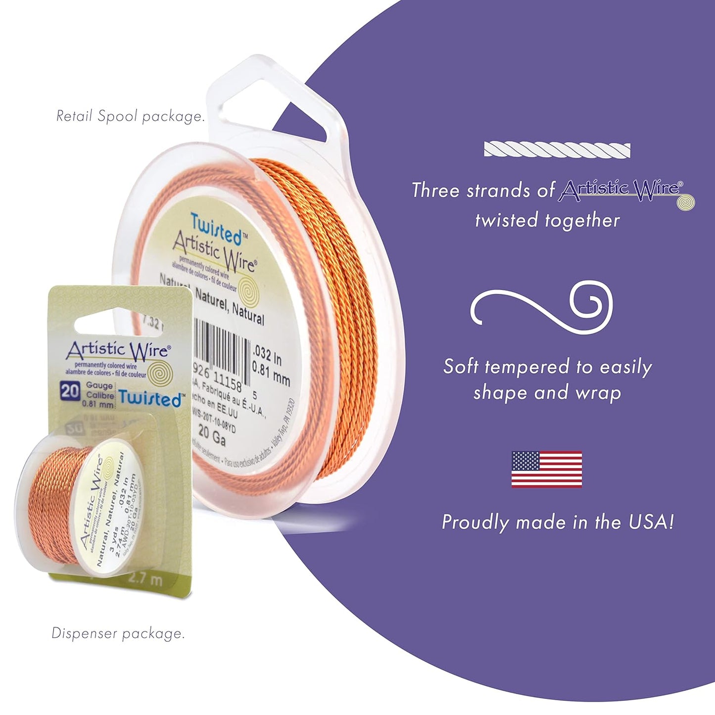 Artistic Wire, 20 Gauge / .81 mm Tarnish Resistant Colored Copper Craft Wire, Round Twist, Natural 8 yd / 7.31 m