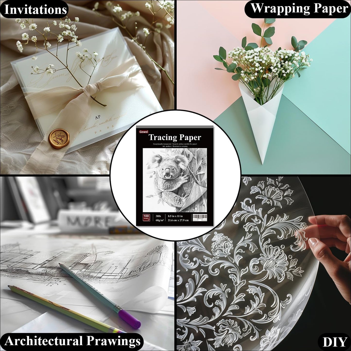 Tracing Paper for Drawing, 8.5”x11 Trace Paper, 100 Sheets (38 lb/ 60 GSM) Translucent Vellum Paper, Tracing Paper Pad for Sketching, Drawing, Overlaying Images, Vellum Art Papers.