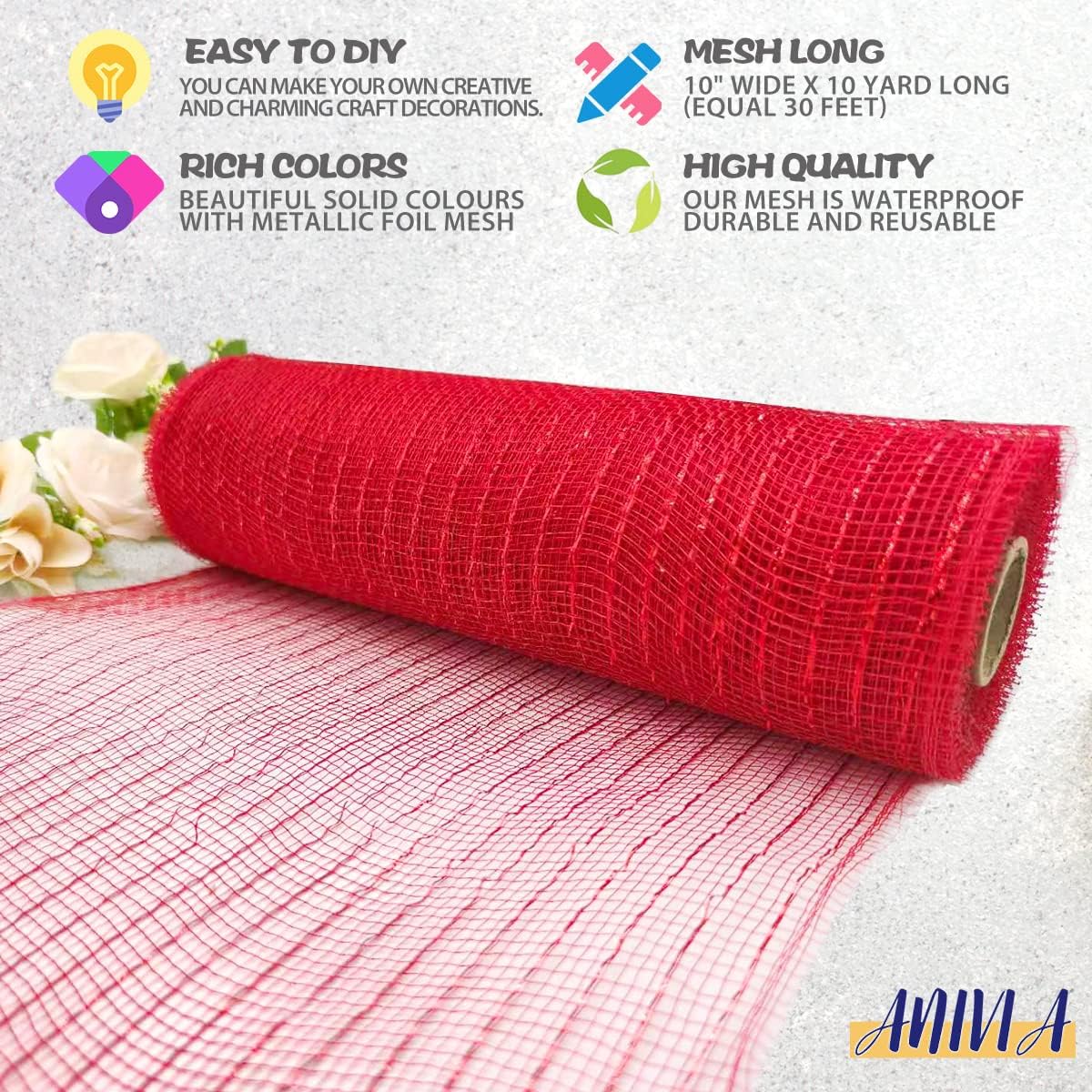 Anivia Deco Mesh Ribbon, 10inch x 30 Feet Each Roll Metallic Foil Mesh Ribbon for Wreaths Swags, Holloween, and Christmas Tree Decoration (Red/Red Foil)