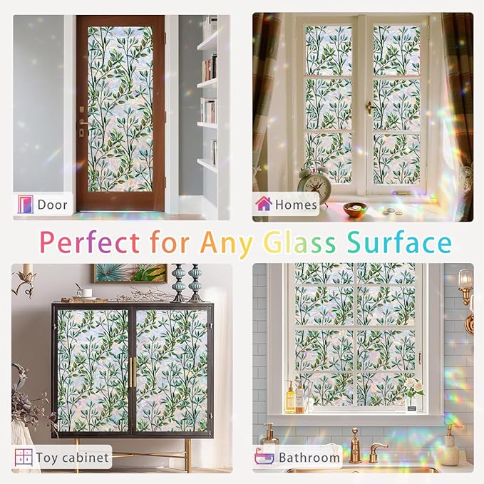 Leaf Stained Glass Window Film Static Cling with Tools - 23.6 x 78.7 Inch Non-Adhesive Privacy Decorative Rainbow Film for Windows, Doors, Sidelights - Easy Install & Remove
