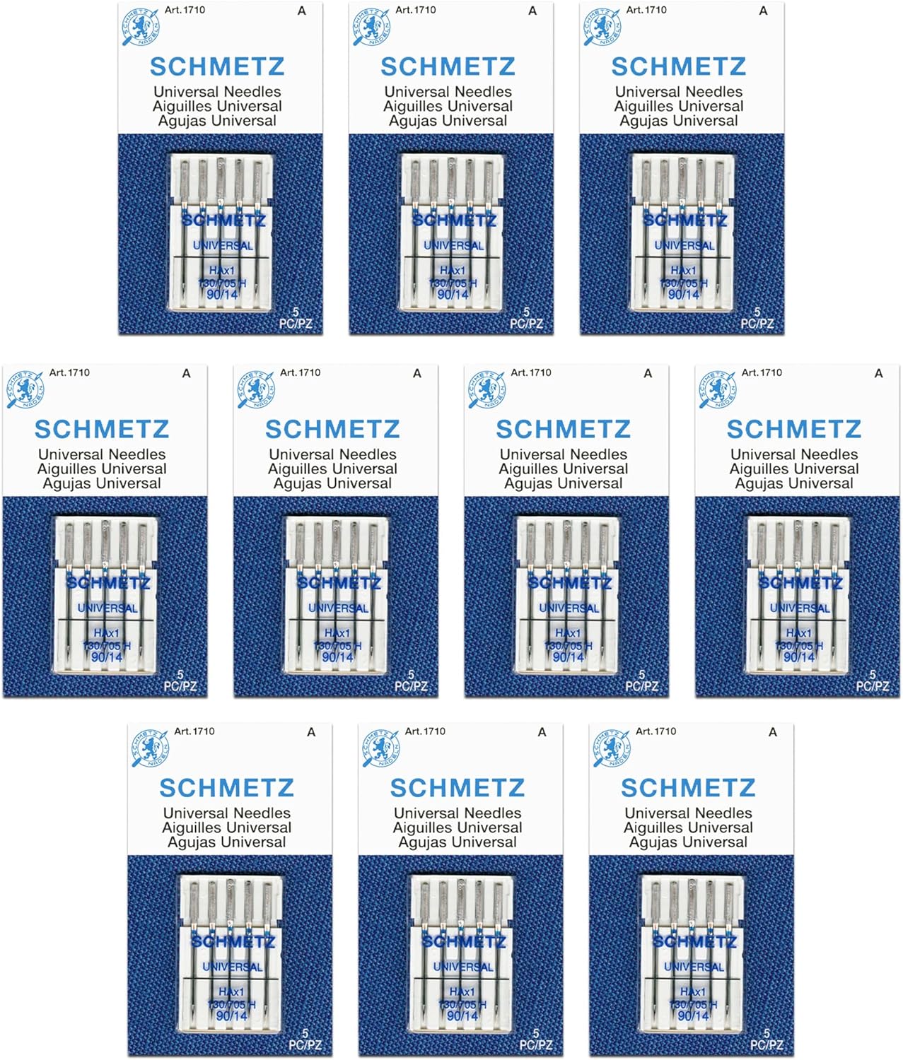 SCHMETZ Universal Sewing Machine Needles - Size 90/14, 5-Needle Cards, Pack of 10