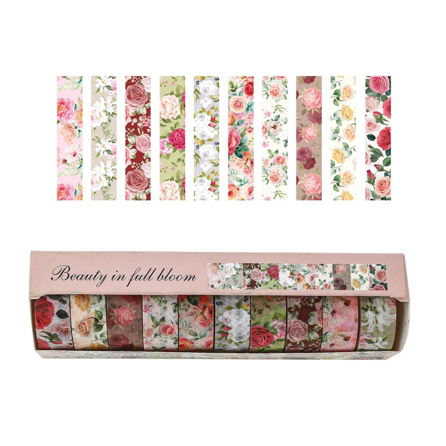 10 Rolls Blooming Flowers Washi Tape Set Floral Arts Adhesive Tapes Colorful Garden Decorative Masking Tape Sets for Craft, Kids, Scrapbook, DIY, Gift Wrapping (1-Pinky)