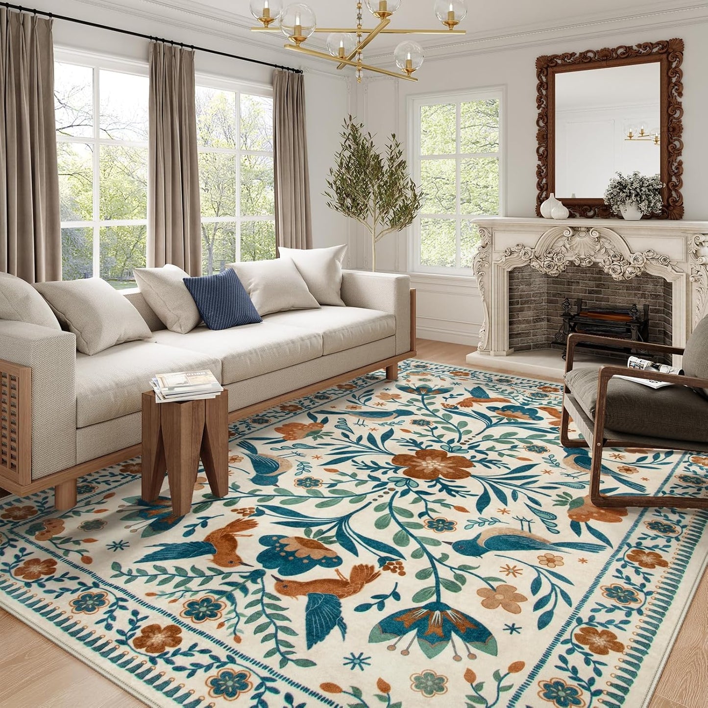 Morebes Floral 9x12 Area Rug for Living Room, Washable Large Rug for Bedroom Non Slip, Soft Boho Vintage Flower Birds Distressed Throw Carpet for Dinning Room Playroom, Beige/Multi