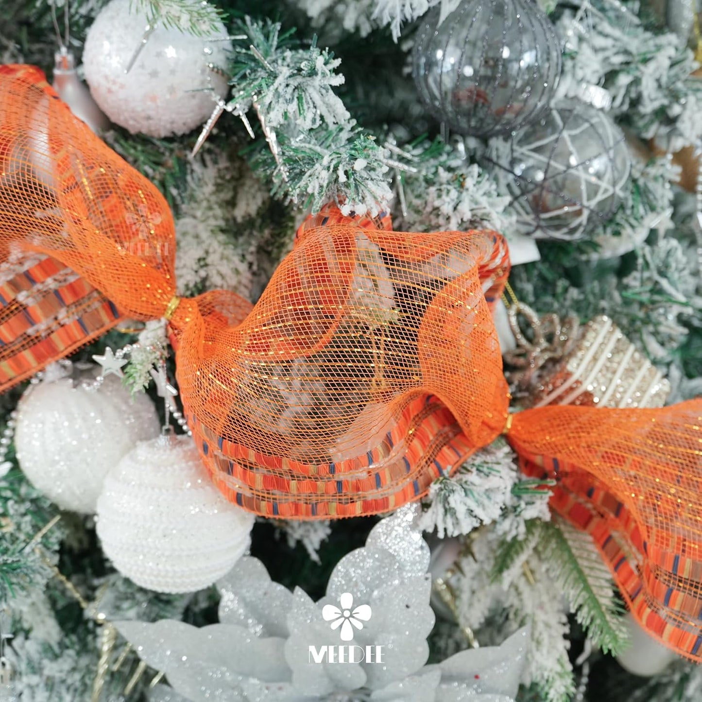 MEEDEE Orange Mesh 10 Inch Ruffle Patterned Metallic Mesh Ribbon Fall Colors, Ideal for Wreaths, Garland, Christmas Tree, Gift Wrapping, Bows Making (30 Feet)