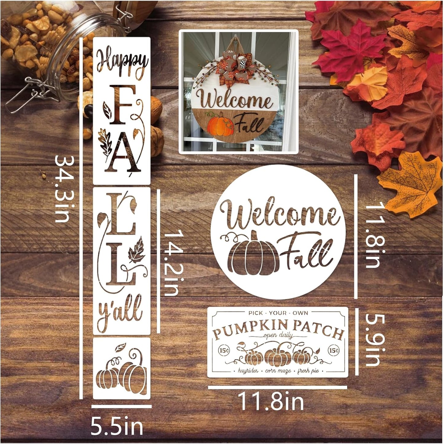 14 Pieces Fall Stencils for Painting on Wood Reusable Hello Pumpkin Stencil Plastic Hello Fall Drawing Templates for Wood Porch Sign Canvas Crafts (14 Porch Fall)