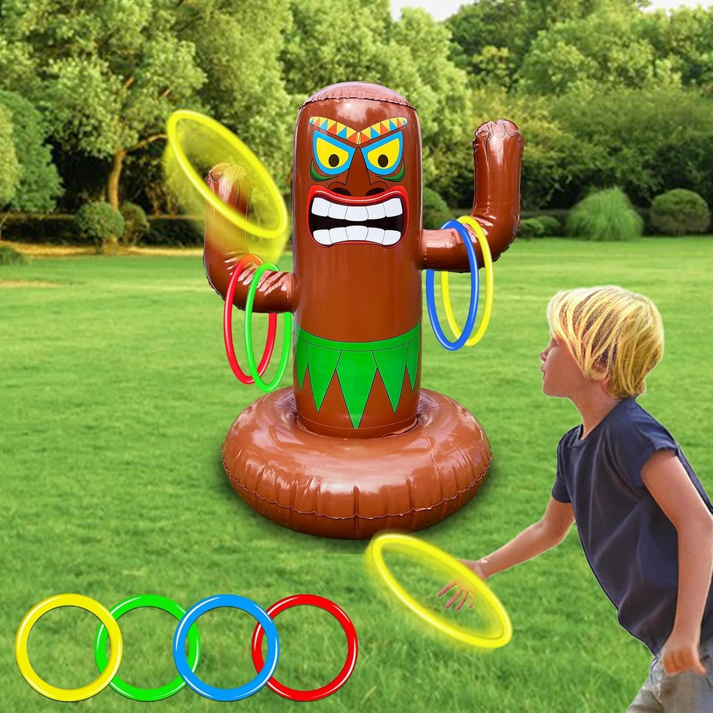 25" Inflatable Luau Tiki Pool Toss Games, Tiki Pool Ring Toss Toys with 4 Rings for Boys Girls Adults Indoor Outdoor Tropical Summer Swimming Inflatable Bean Bags Toss Hawaiian Luau Party Supplies