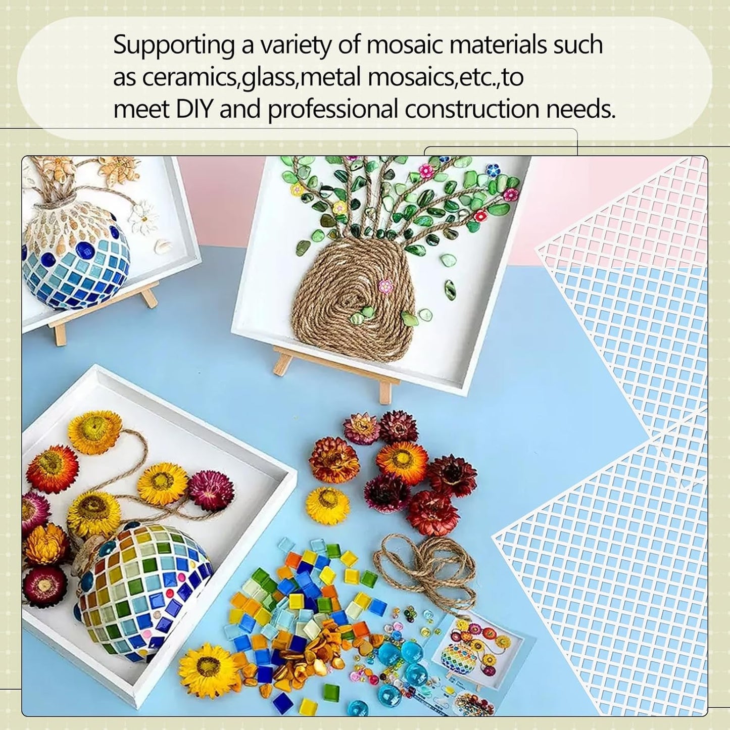 24 Pcs Mosaic Grid Tile Mesh with Adhesive Backing, 12x12 Inch Alkaline Resistant Fiberglass Sheets for DIY Installation, Crafts, Bathroom, Kitchen