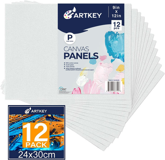 Canvas Panels 9x12 Inch 12-Pack, 10 oz Primed 100% Cotton White Blank Canvases for Painting, Rectangular Flat Canvas Boards for Oil Acrylics Watercolor & Tempera Paints