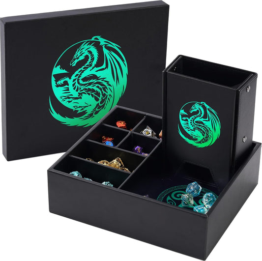 Dice Tray and Dice Tower for DND: All-in-One Tray, Storage & Large Tower for Random Rolls - Stores Your Sets, Mini's etc, Perfect for D&D and RPG Gift Accessories (Green Dragon)