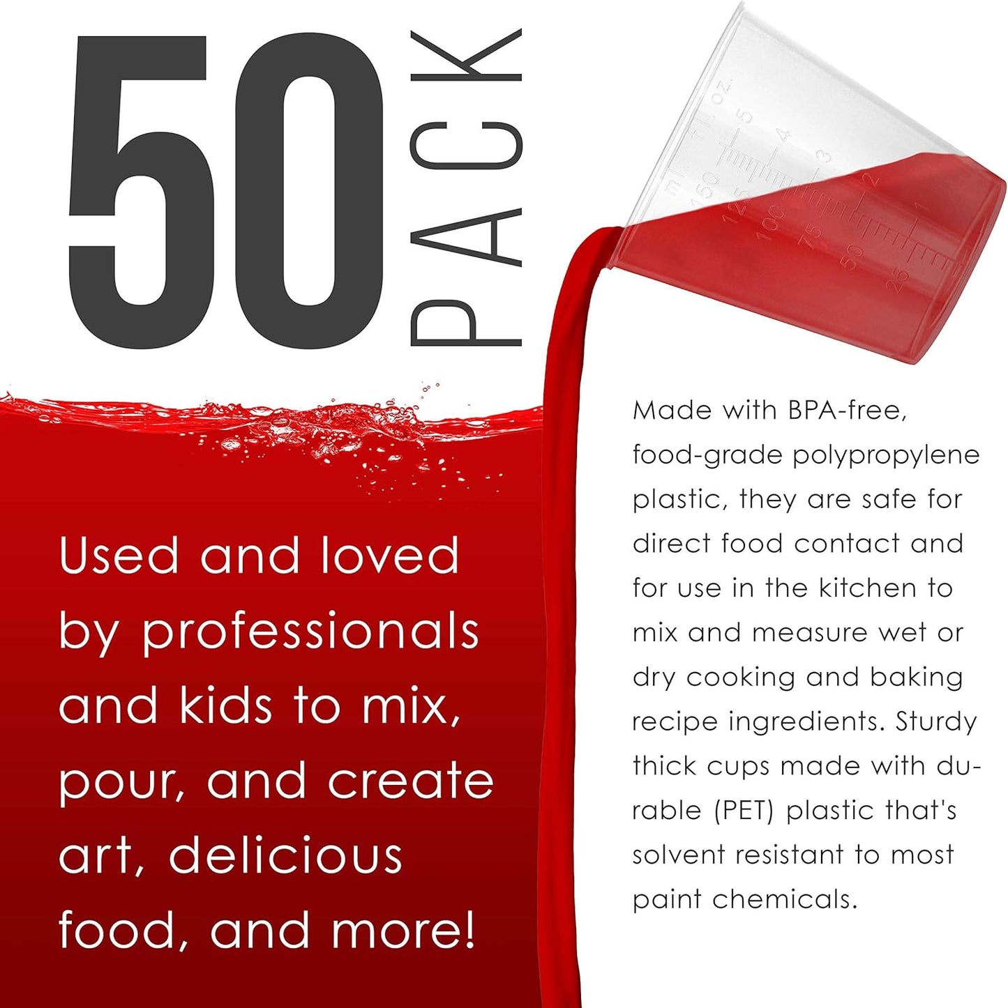 Pouring Masters 5 Oz (150 ml) Liquid Measuring Cups - Plastic Graduated Cup (50 Pack) with 25 Sticks - Reusable Mixing Cups for Paint, Craft, Kitchen, Lab, Medical Supplies, Epoxy Resin, Art