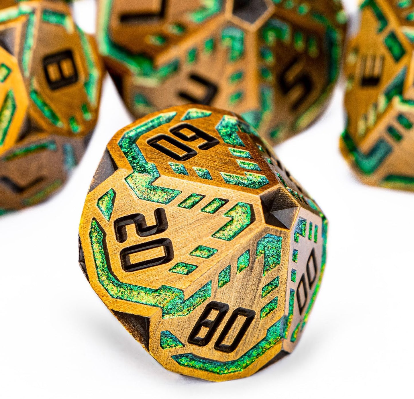 Metal DND Sci-fi Dice Set 7PCS Stripe Polyhedral Dice for Dungeons Dragons RPG Role Playing Game, Glitter D and D Dice with Gift Box D6 D8 D10 D12 D20 (Yellow Green)
