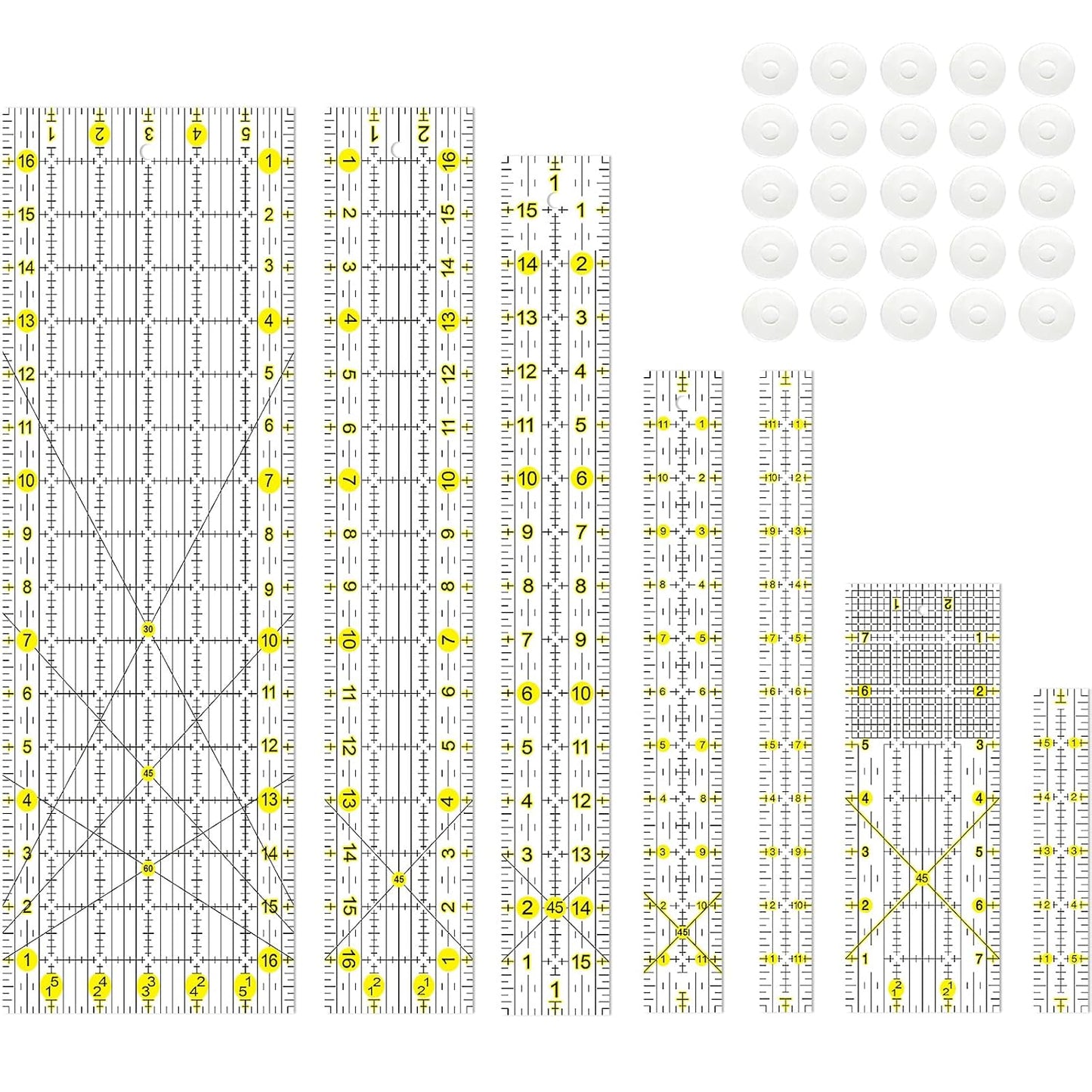 Quilting Ruler, Sewing Ruler, 8 Pack, Acrylic Quilting Templates(6"x17", 3"x17", 2"x16", 1.5"x12", 1"x12", 1"x6", 8"x3"), Non Slip Rings 25 Pieces, Sewing and Quilting Supplies - Clear/Yellow
