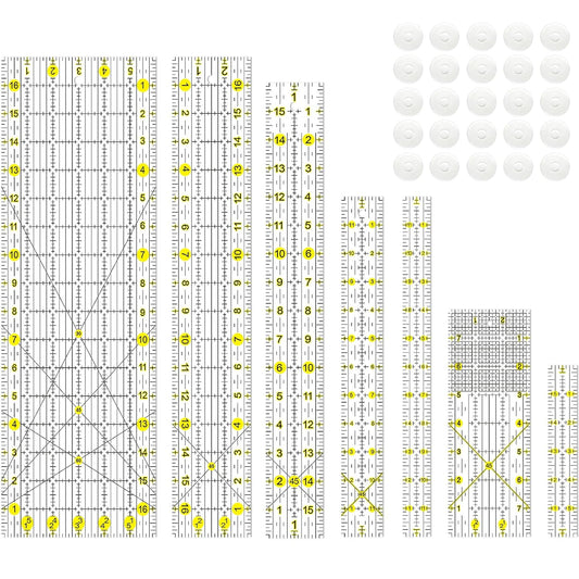 Quilting Ruler, Sewing Ruler, 8 Pack, Acrylic Quilting Templates(6"x17", 3"x17", 2"x16", 1.5"x12", 1"x12", 1"x6", 8"x3"), Non Slip Rings 25 Pieces, Sewing and Quilting Supplies - Clear/Yellow