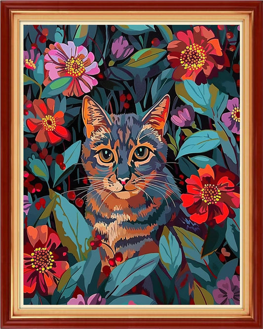 Foxdiviy Stamped Cross Stitch Kits for Beginners Full Range of Cross Stitching 11 CT Printed Cross Stitch Kits for Kids Adults Cross Stitch Patterns Needlepoint Kits-Flower Cat 16x20 inch