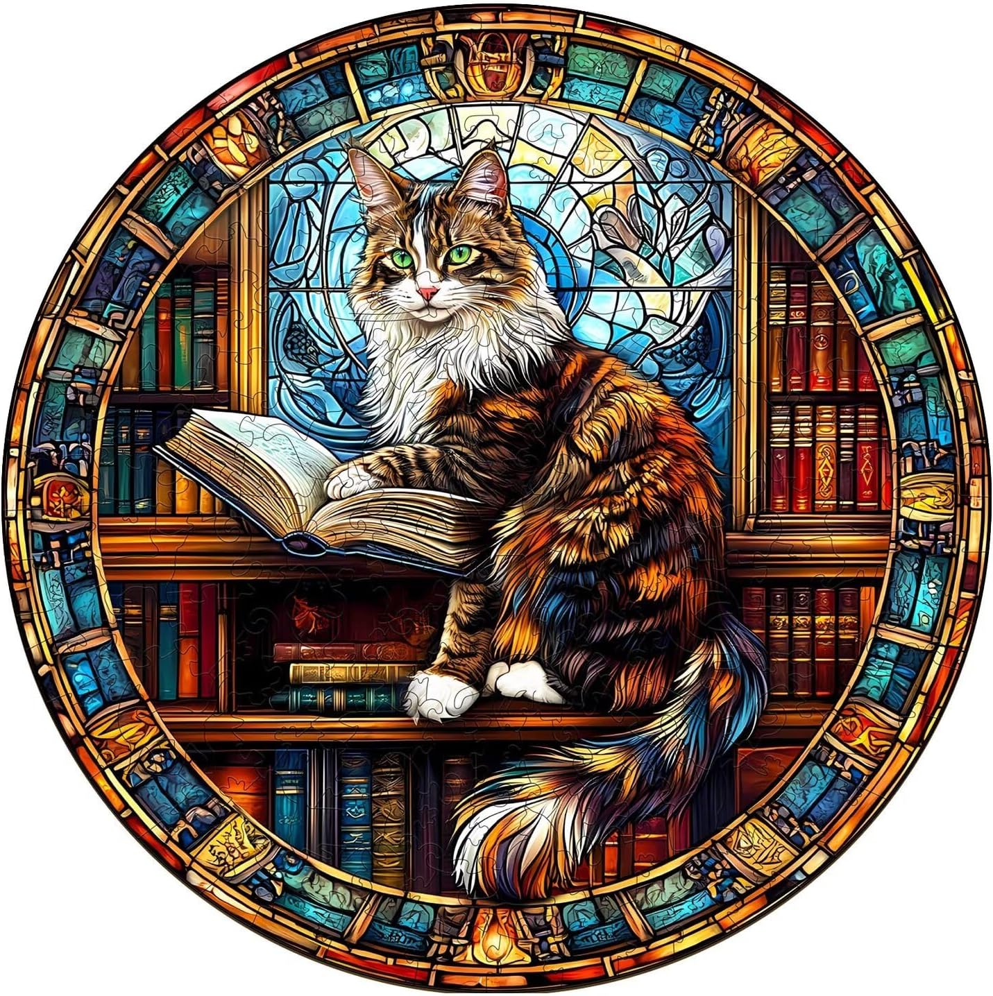 Wooden Puzzles Adults, Maine Cat Library Wooden Puzzles 300 Pieces, Unique Animal Shaped Wood Challenging Jigsaw Puzzles Gifts for Adults, 13.4x13.4in