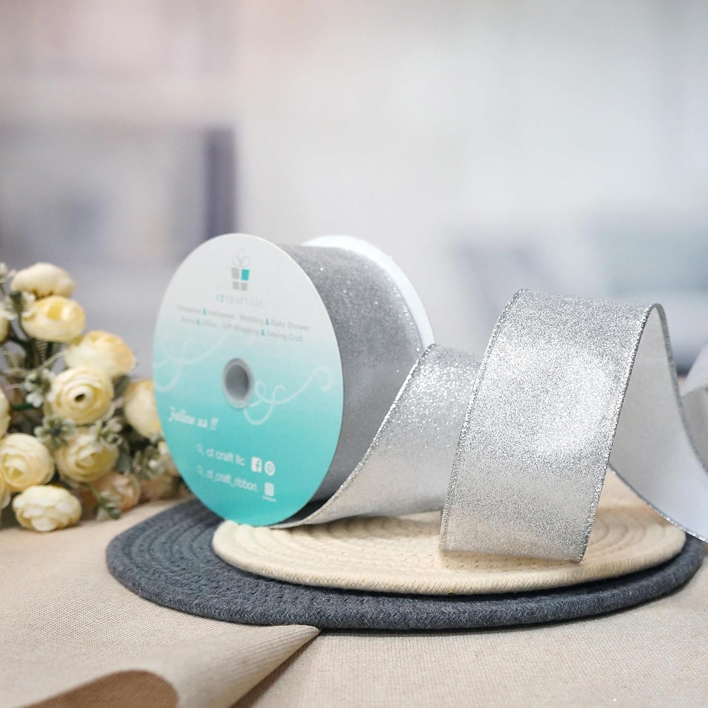 CT CRAFT LLC Glitter Wired Ribbon 2.5" x 20 Yards Silver for Christmas Home Decor Bow Gift Wrapping DIY Crafts Wreath