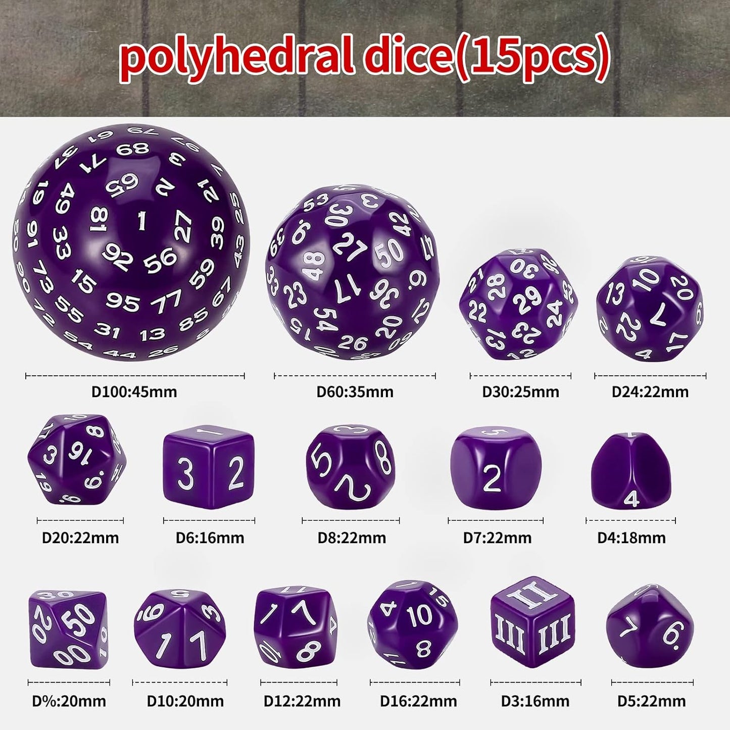 CiaraQ DND Polyhedral Dice Set (15pcs) D4-D100 Game Dice with Dice Bag for Dungeons and Dragons Role Playing Table Games (Purple & White)