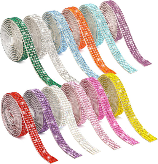12 Rolls Rhinestone Ribbon Self Adhesive,Mixed Color Bedazzling Kit,0.35" X12 Yard Total Rhinestone Tape for Gift Wrapping Wedding Decor DIY Crafts(12 Colors)