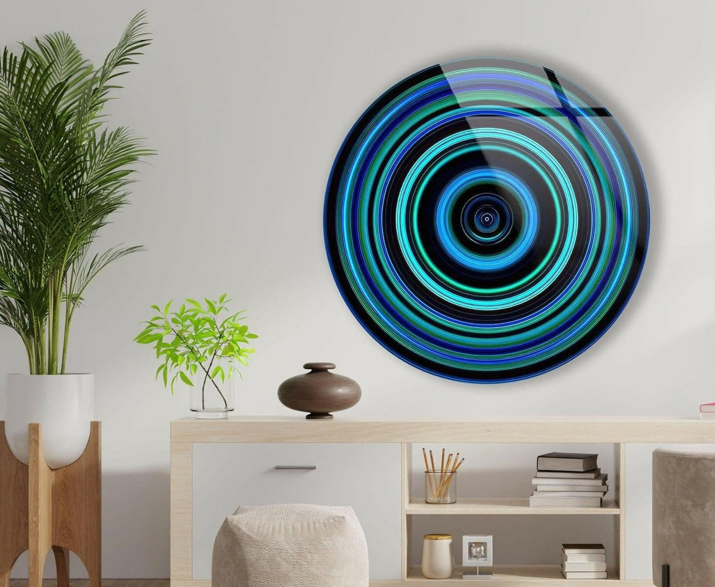 My Photostation.com 20''(50cm) Diameter Blue and Green Round Glass Wall Art Tempered Glass Printing Wall Decor Large Wall Art Wall Hangings