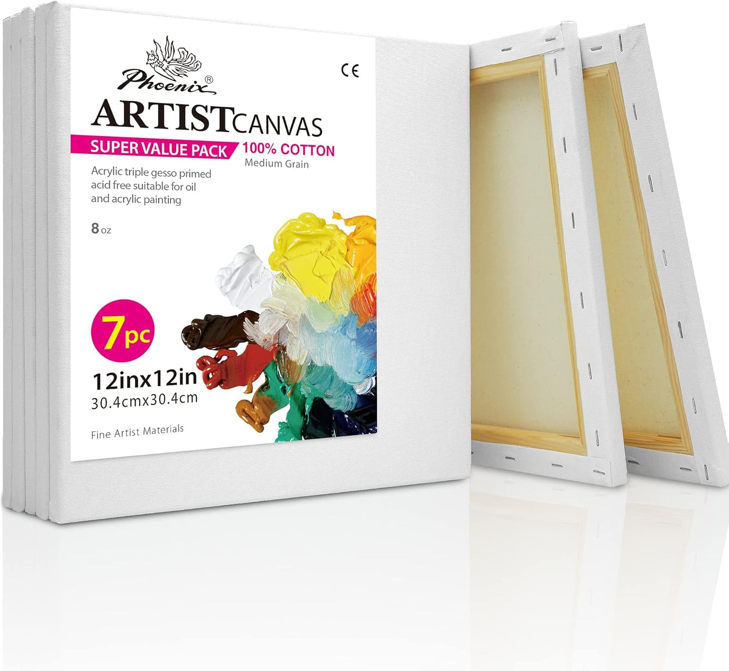 PHOENIX Stretched Canvas for Painting 12x12 Inch/7 Value Pack, 8 Oz Triple Primed 5/8 Inch Profile 100% Cotton White Blank Canvas, Square Framed Canvas for Oil Acrylic & Pouring Art