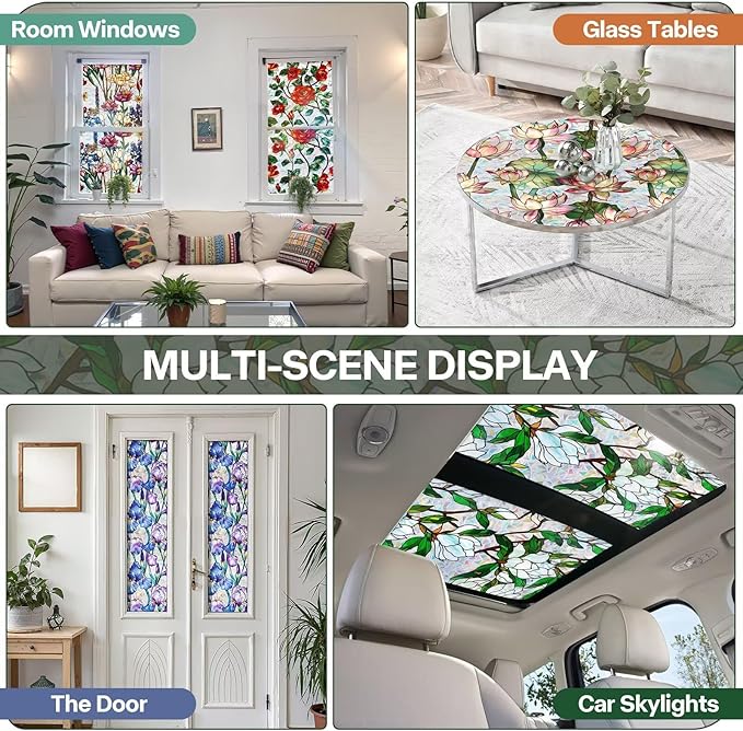 Purple Flower Window Privacy Films, Stained Glass Rainbow Floral Window Sticker Decor, Sun Blocking Removable Static Cling Film for Bathroom Living Room Bedroom Sunroof, 17 x 39.37 Inch