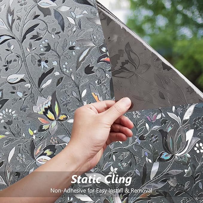 Kromapolis Window Film, Window Privacy Film Frosted, Vinyl Glass Covering, Stained Glass Decorative Film, Static Window Clings, Non-Adhesive (Grayish Black, 11.8 x 157.4 inch)