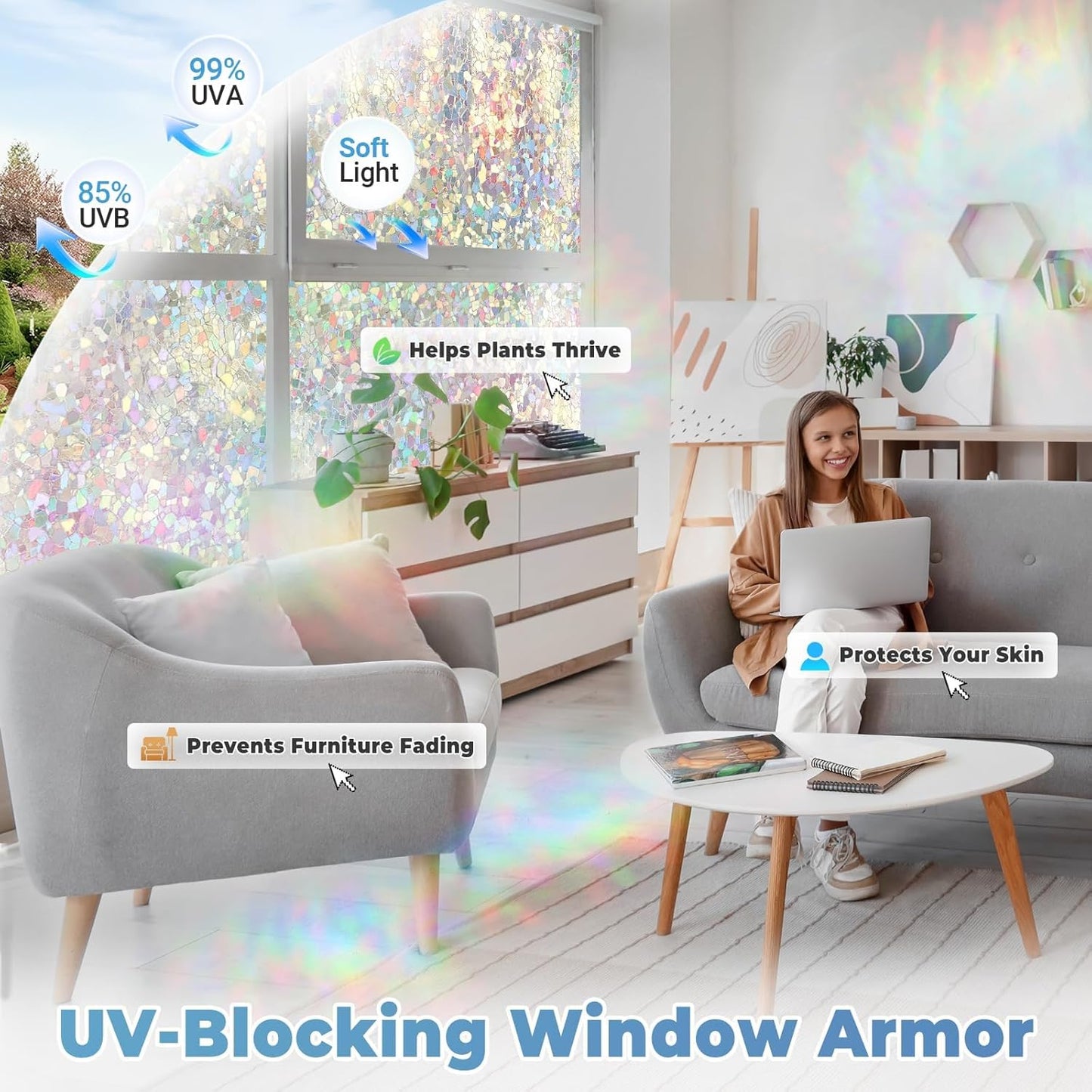 DOWELL Window Privacy Film Rainbow Film, Stained Glass Decorative Sticker, Static Cling Non-Adhesive Glass Clings, Sun Blocking Heat Control Window Coverings for Home Door, 23.6" x 157.4"