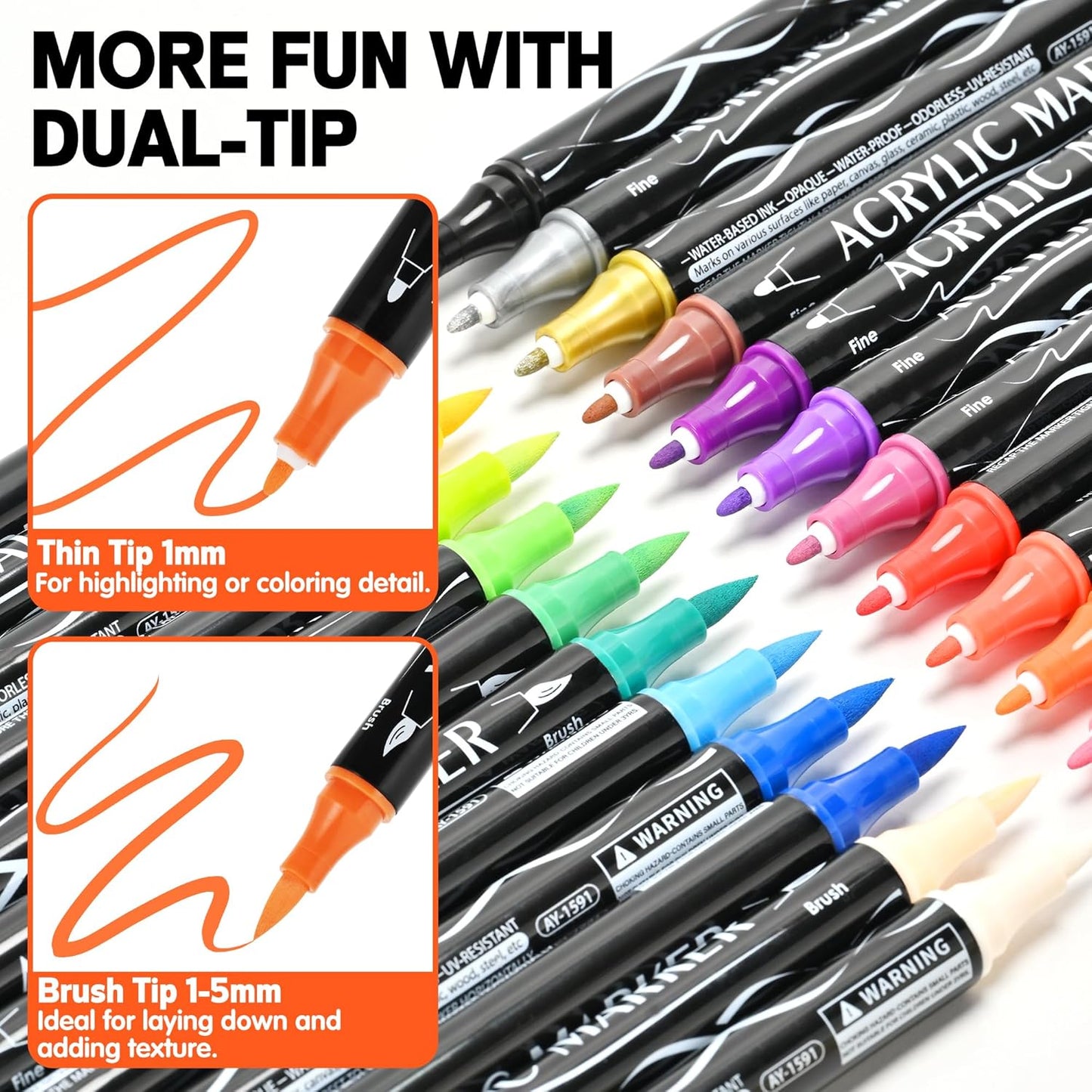 24 Colors Dual Tip Acrylic Paint Markers, Acrylic Paint Pens with Fine Tip and Brush Tip for Rock Painting, Wood, Plastic, Glass, Canvas, Fabric, Pumpkin, DIY Crafts Making Art Supplies