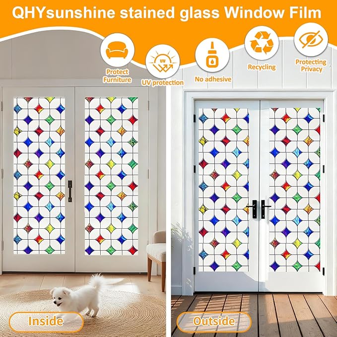Stained Glass Window Film - Non-Adhesive Colorful Privacy Film | Privacy Protection, Reusable & Renter Friendly | Perfect for Bedroom/Bathroom Room Decor(Frosted Mosaic, 17.5 X 157.4 in)