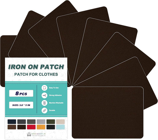 Iron on Patches for Clothes, 8 Pieces Patches for Cloth, 100% Cotton Fabric Patches for Clothing, Bag, Hat Repair, Clothing Repair Decorating Kit 3.7" by 4.9" (9.5 cm x 12.5 cm, Dark Brown)