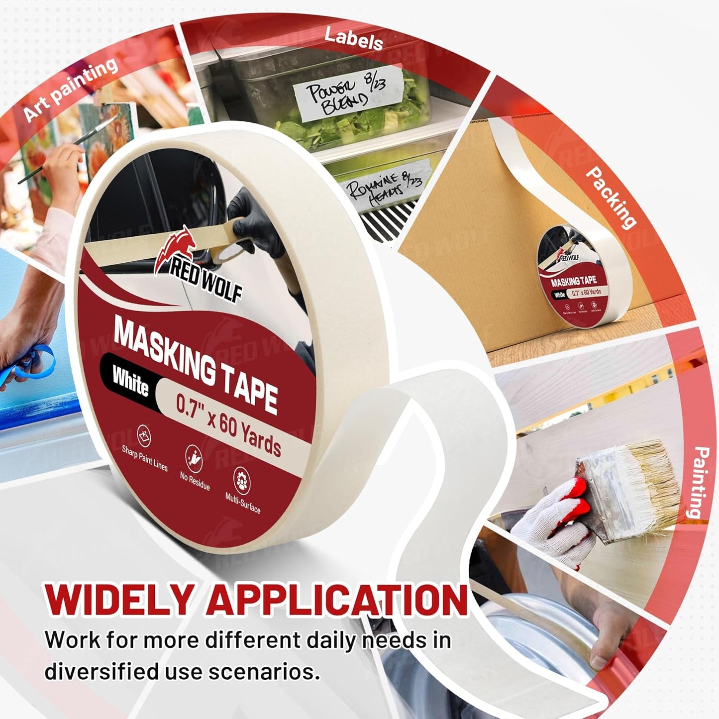RED WOLF 3 Pack Masking Tape 0.7" x 60 Yards, General Purpose for Painting Arts Crafts Label Car Painting, Sharp Paint Line No Residue Painters Tape White Beige Crepe Paper Tape Heat Resistance